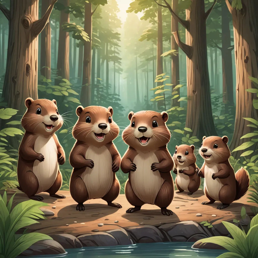 a group of beavers standing on a log in a forest with a stream running through it and a forest background, sots art, a storybook illustration, Chris LaBrooy, official art