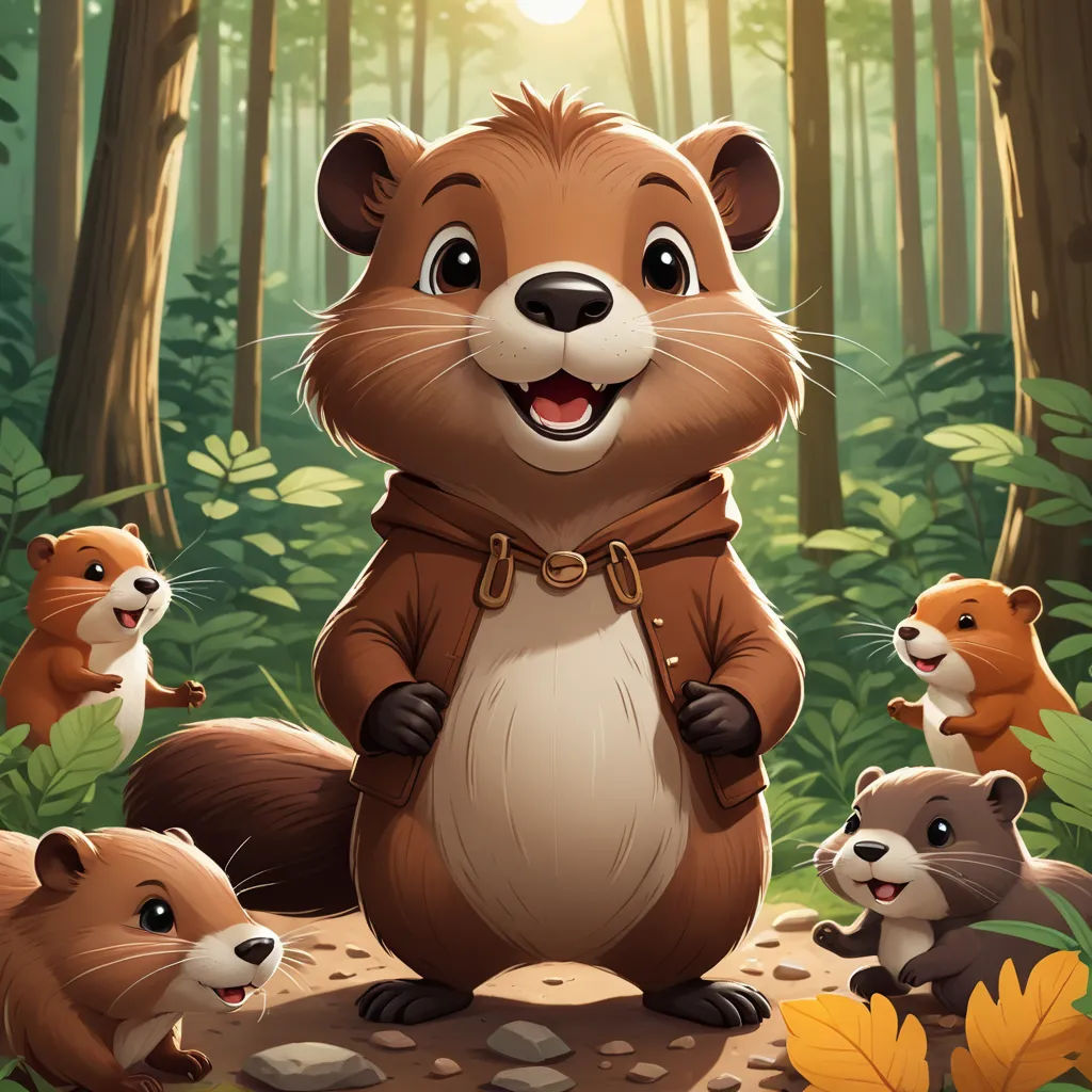 a beaver standing on a rock surrounded by other animals in a forest with a sun shining through the trees, sots art, a character portrait, Chris LaBrooy, key art