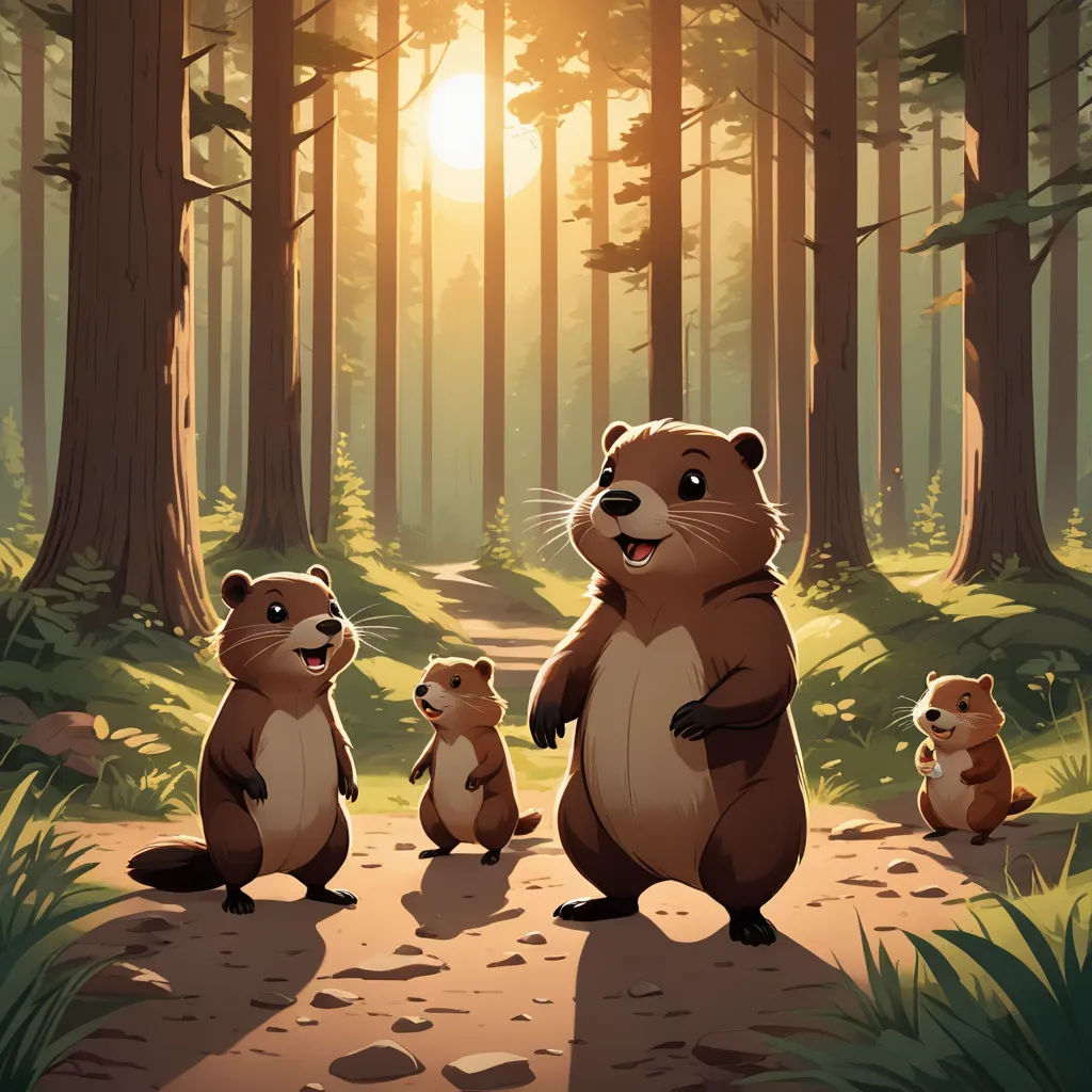 a family of beavers standing in the forest at sunset with the sun shining through the trees behind them, sots art, a storybook illustration, Dan Mumford, official art