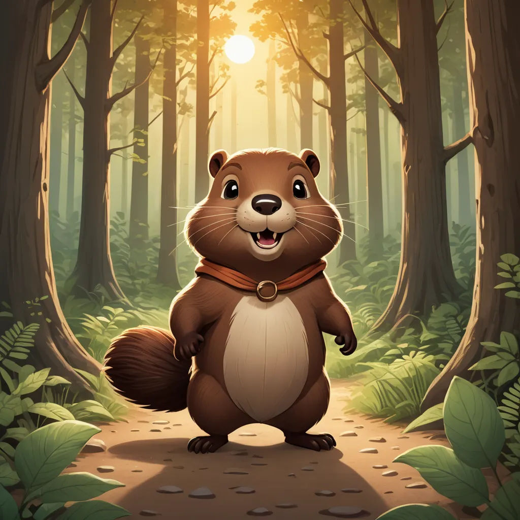 a cartoon beaver standing in a forest with a sun in the background and a trail leading to it with leaves, sots art, a character portrait, Chris LaBrooy, character portrait