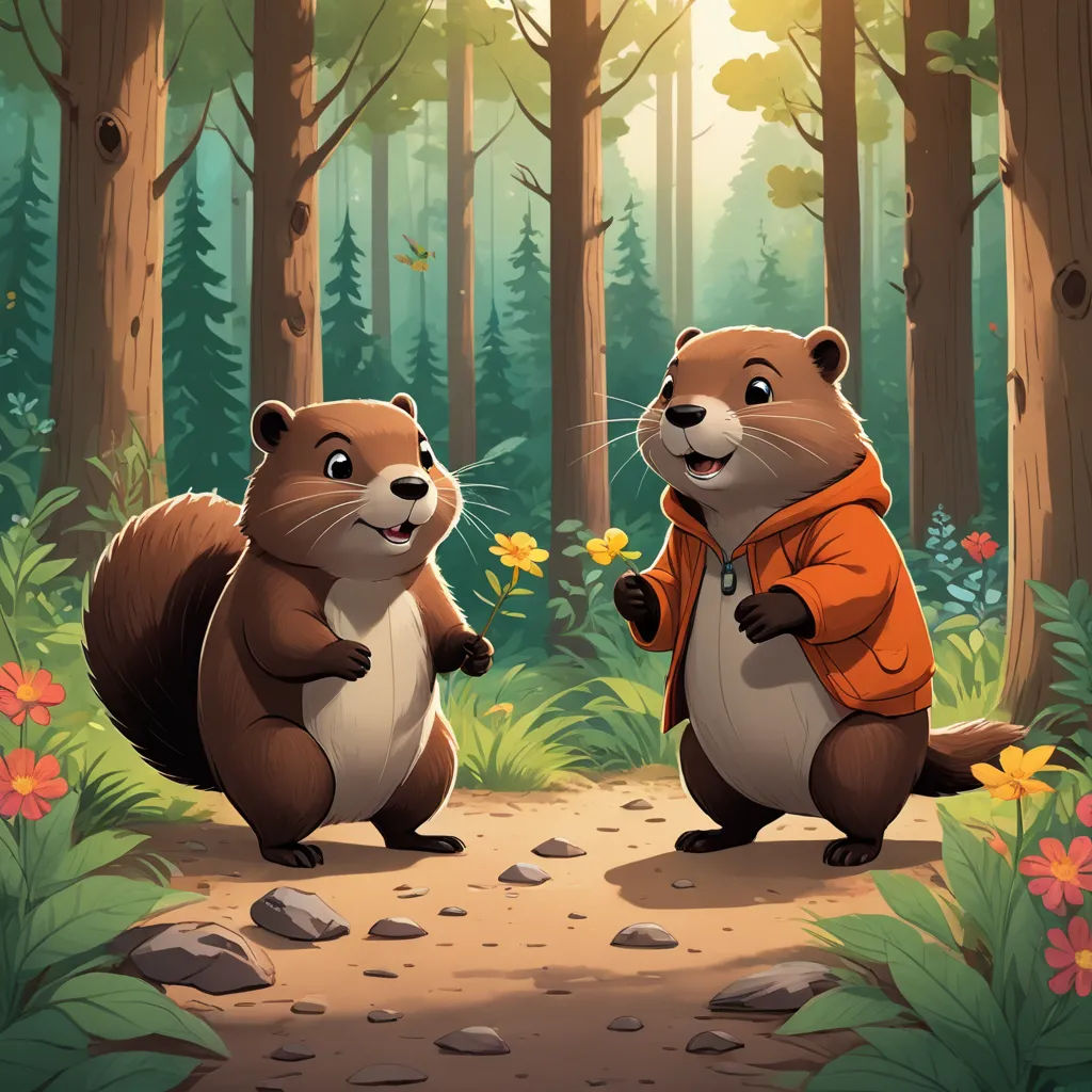 two beavers are standing in the woods and one is holding a flower in its hand and the other is holding a leaf, sots art, a storybook illustration, Chris LaBrooy, official art