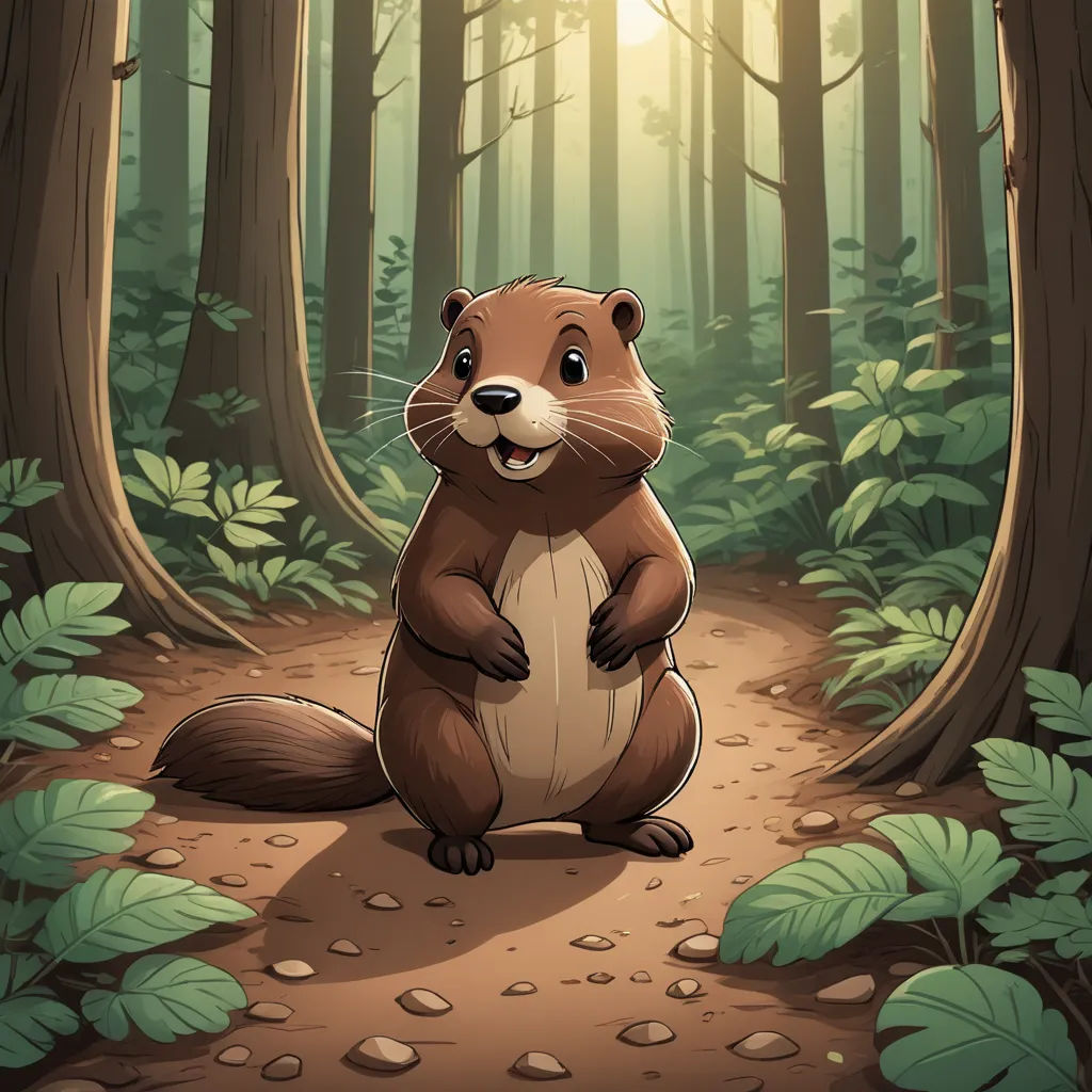 a beaver standing on its hind legs in a forest with a trail leading to it and a sun shining through the trees, sots art, a storybook illustration, Chris LaBrooy, storybook illustration
