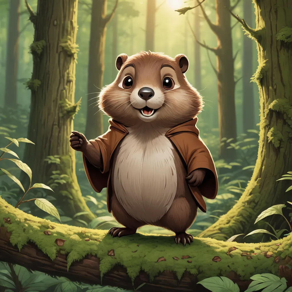 a cartoon beaver standing in a forest with a light shining through the trees behind him and a forest background, sots art, a character portrait, Chris LaBrooy, magic the gathering artwork