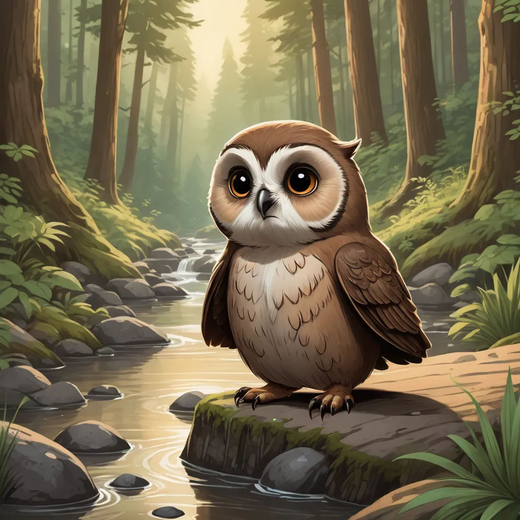 a cartoon owl sitting on a rock in a forest with a stream running through it's center and trees around it, fantasy art, a storybook illustration, Dan Mumford, magic the gathering artwork
