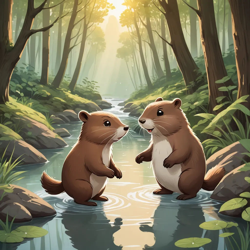 two beavers are sitting in the water in the forest and one is looking at the other one with its mouth open, sots art, a storybook illustration, Chris LaBrooy, official art