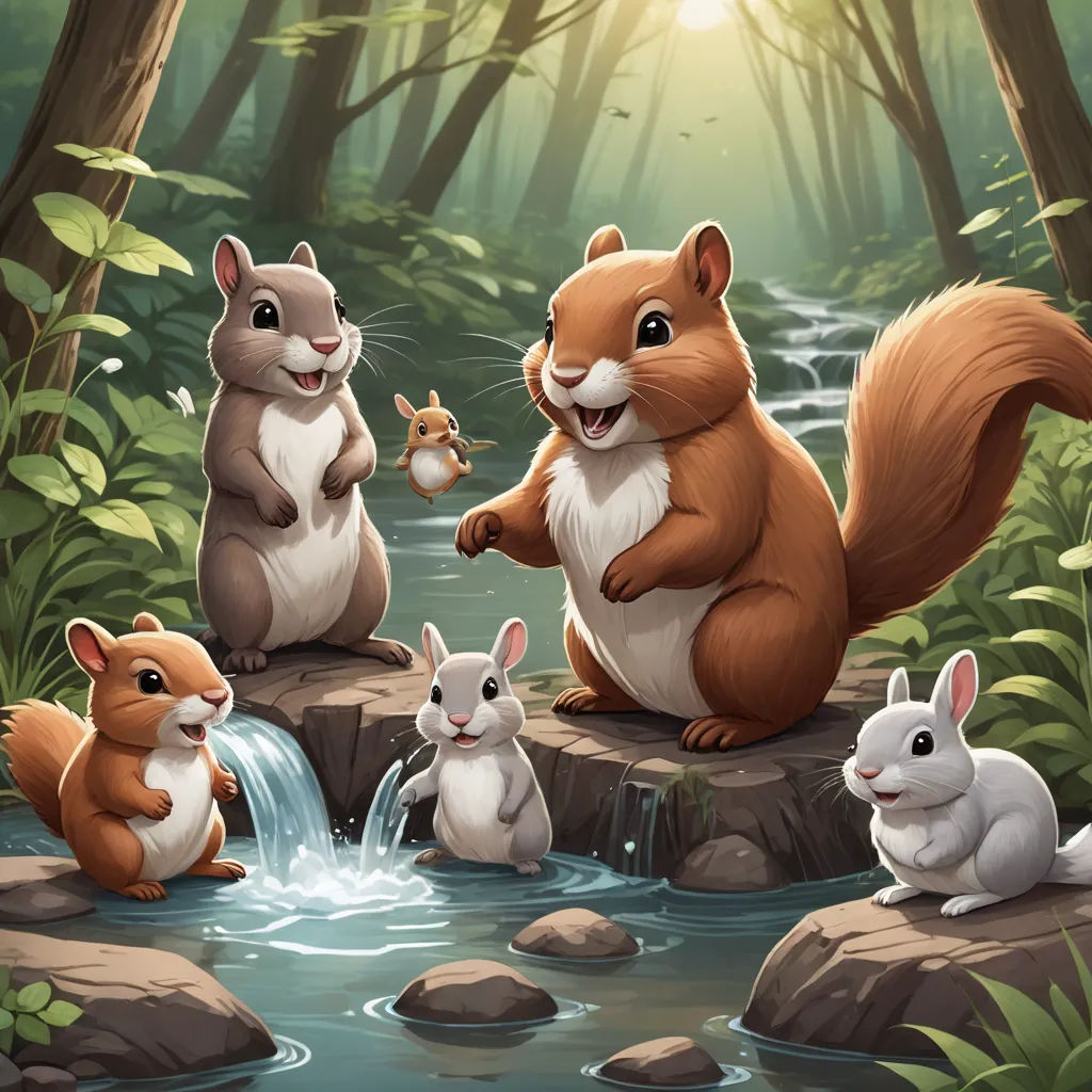 a group of animals standing on a rock in a forest by a stream of water and a waterfall with a sun shining through the trees, sots art, a storybook illustration, Chris LaBrooy, official art