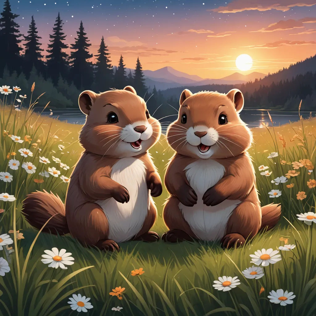 two beavers sitting in a field of daisies at sunset with a full moon in the background and a mountain range in the distance, sots art, a storybook illustration, Dan Mumford, official art