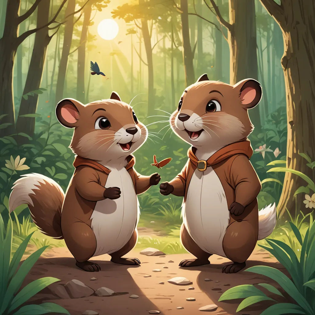 two brown and white animals standing in a forest with a butterfly on their finger and a butterfly on their finger, sots art, concept art, Chippy, official art