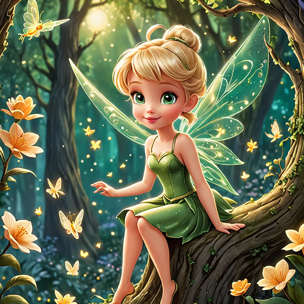 a fairy sitting on a tree branch in a forest with butterflies around her and a butterfly in her hand, disney, magic realism, a storybook illustration, kinkade