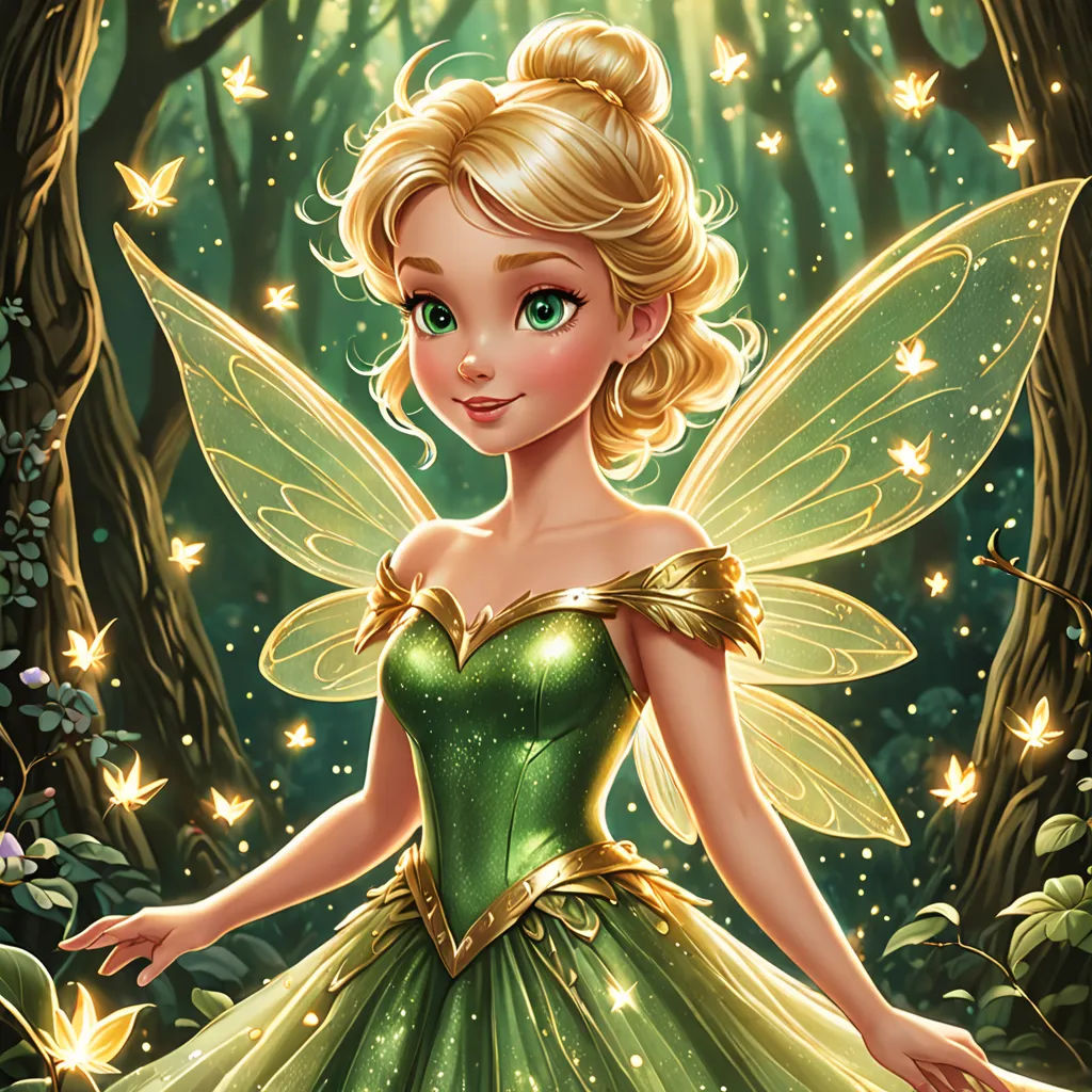 a beautiful fairy in a green dress standing in a forest with stars on her wings and a green dress, Drew Struzan, fantasy art, a storybook illustration, kinkade