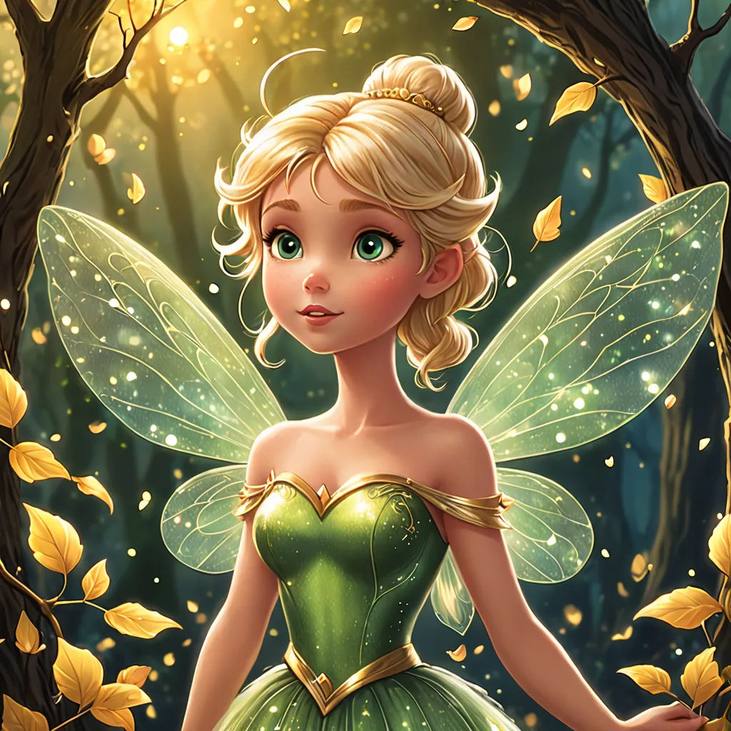 a cartoon fairy with a green dress and yellow leaves in the background, standing in a forest with a tree, Artgerm, fantasy art, a detailed painting, rossdraws global illumination