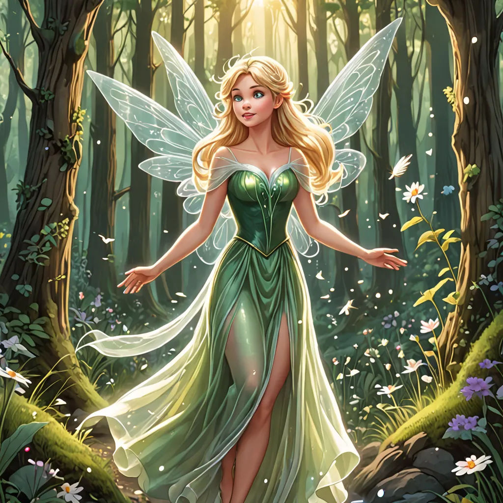 a beautiful fairy standing in a forest with her arms out and her legs spread out, with a green dress on, Cliff Childs, fantasy art, a storybook illustration, rossdraws global illumination