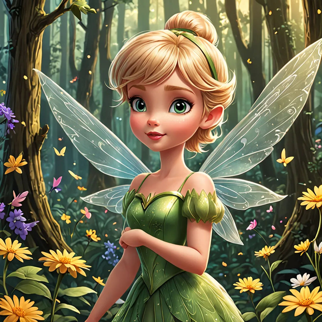 a cartoon fairy with a green dress and yellow flowers in a forest with yellow daisies and butterflies around her, disney, fantasy art, a storybook illustration, kinkade