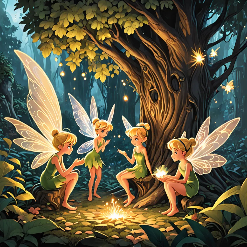 three fairy girls sitting in the forest with a fire in their hands and a tree in the background with a fire, Anne Stokes, fantasy art, a storybook illustration, storybook illustration