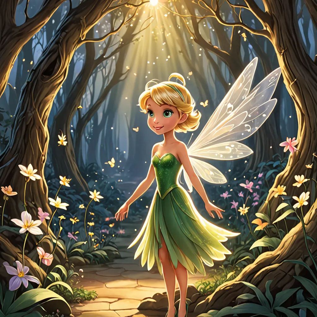 a cartoon fairy standing in a forest with a light shining through the trees and flowers on the ground,, Cliff Childs, fantasy art, a storybook illustration, rossdraws global illumination