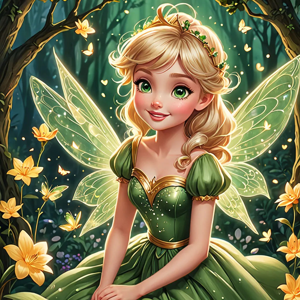 a beautiful fairy sitting in the woods with flowers around her feet and a green dress on her chest and a green crown on her head, Drew Struzan, fantasy art, a storybook illustration, rossdraws global illumination