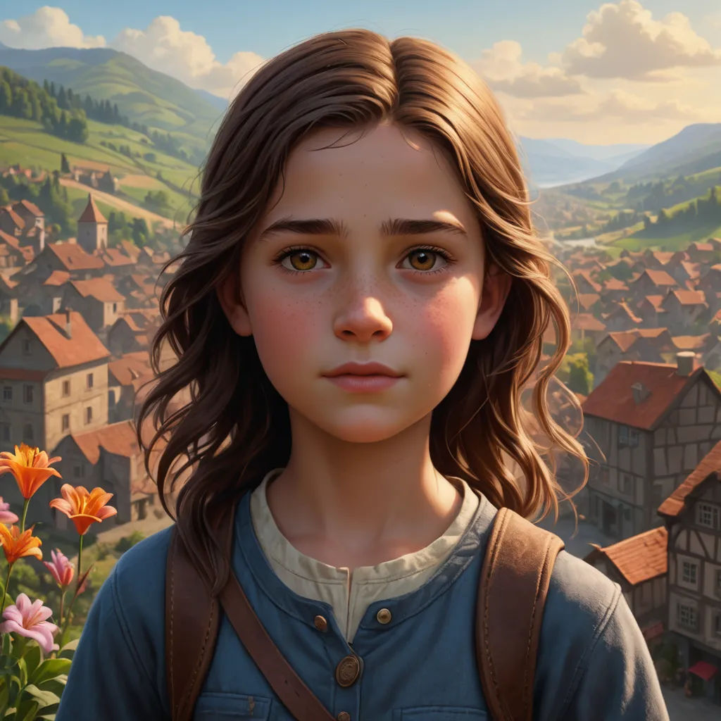 a young girl standing in front of a village with flowers in her hand and a bird flying over her head, photorealism, a character portrait, Cliff Childs, ultra realistic digital art