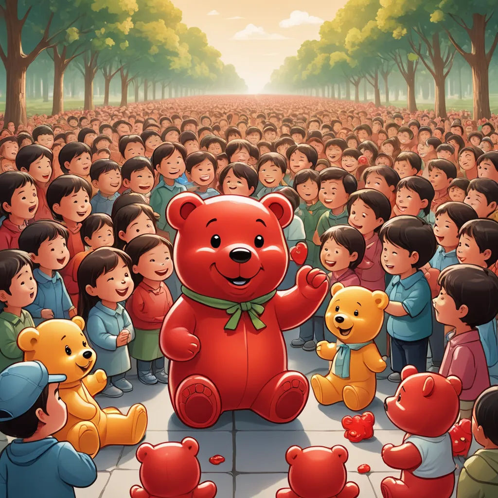 a large group of children standing around a red teddy bear in front of a crowd of people with red hearts, naive art, a storybook illustration, Chris LaBrooy, promotional image