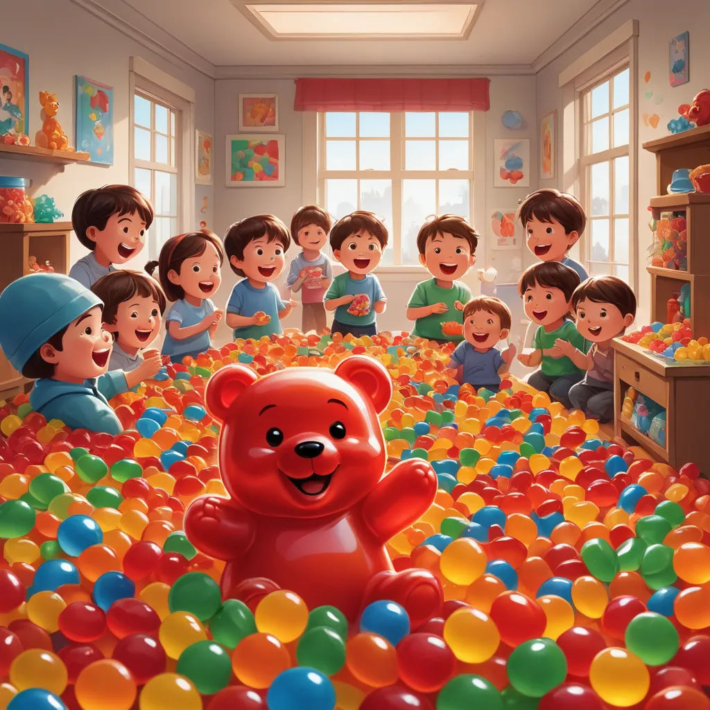 a group of children in a room with a teddy bear surrounded by balloons and balls in the floor of the room, photorealism, a storybook illustration, Chris LaBrooy, cgstudio