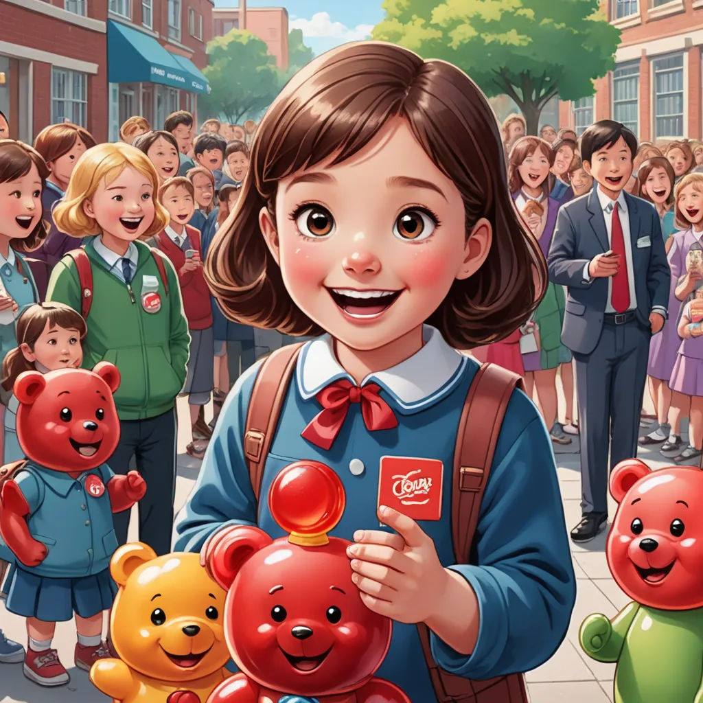 a girl holding a red teddy bear in front of a crowd of children on a street with buildings in the background, socialist realism, a storybook illustration, Choi Buk, official art
