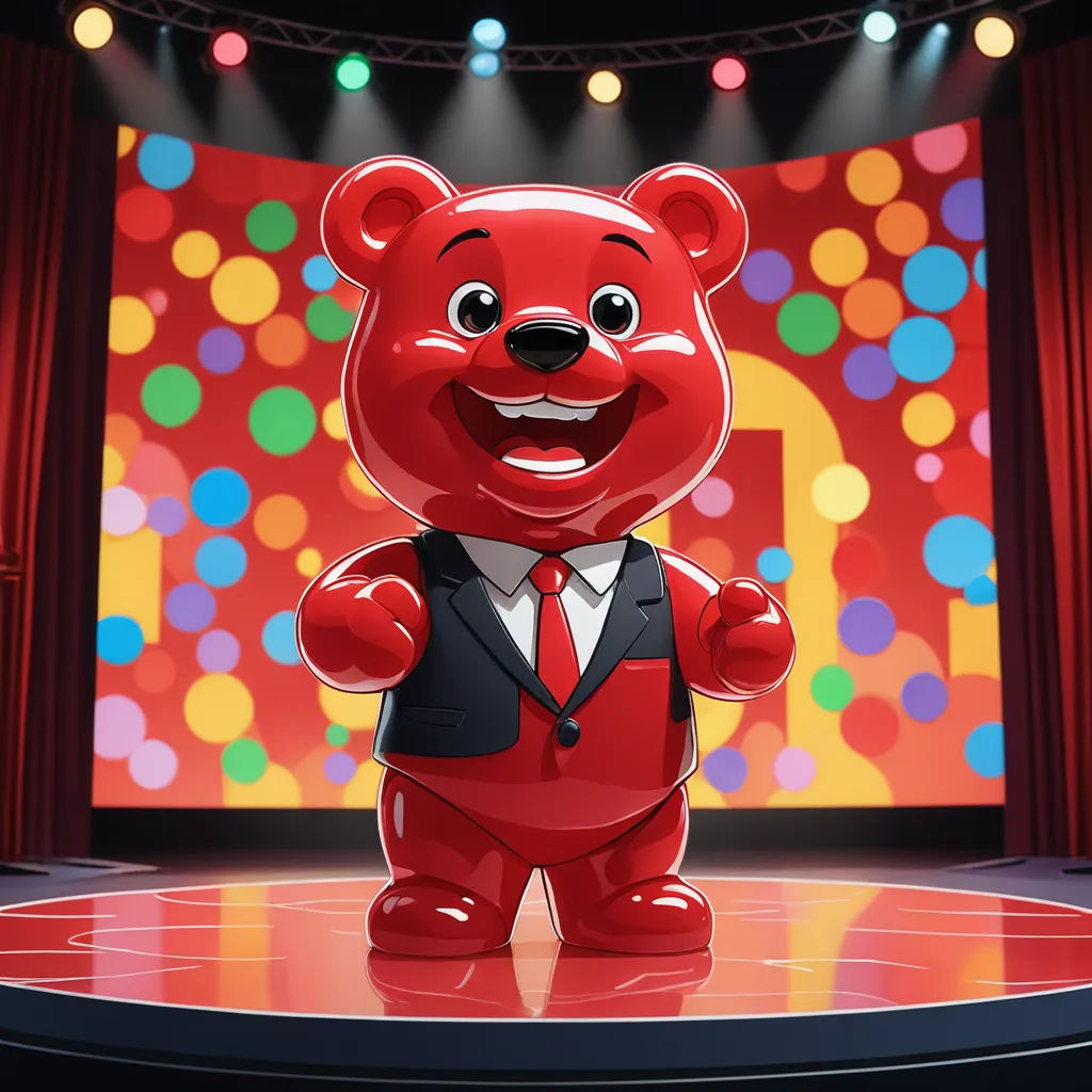 a red teddy bear dressed in a suit on a stage with a spotlight behind it and a red curtain, lowbrow, a character portrait, Chris LaBrooy, character portrait