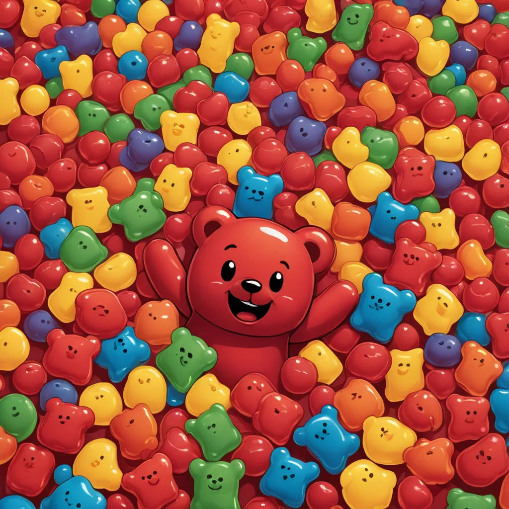 a teddy bear surrounded by many different colored candies in a pile of them, with a smiling face, context art, a stock photo, Chris LaBrooy, promotional image