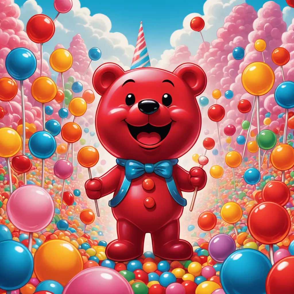 a red bear standing in a field of balloons and balloons with a birthday hat on it's head, pop surrealism, a character portrait, Chris LaBrooy, official art