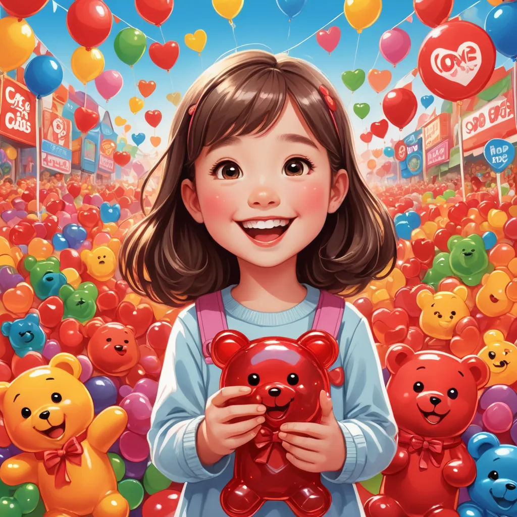 a girl holding a teddy bear in a field of balloons and balloons with a sky background of buildings and buildings, naive art, a storybook illustration, Fan Qi, comic cover art