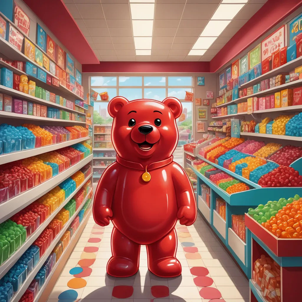 a large red bear standing in a store aisle next to shelves of candy and candy bars and a window, pop surrealism, a digital rendering, Chris LaBrooy, rossdraws global illumination