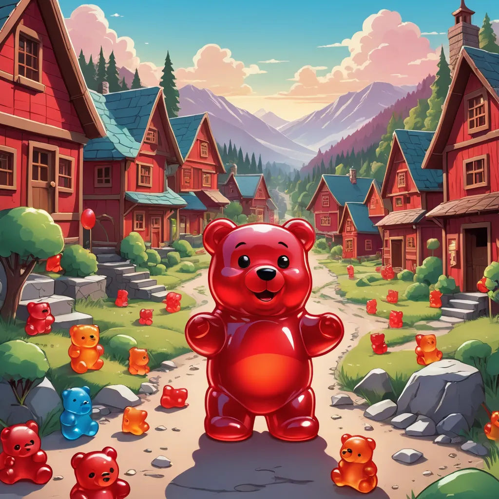 a red bear standing in front of a village with many houses and trees on the other side of the road, pop surrealism, concept art, Chris LaBrooy, promotional image