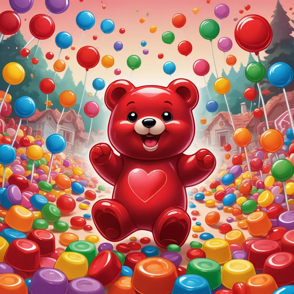 a red teddy bear surrounded by many colorful balloons and candy bars, with a pink sky background and a pink sky, pop surrealism, a character portrait, Chris LaBrooy, highly detailed digital art