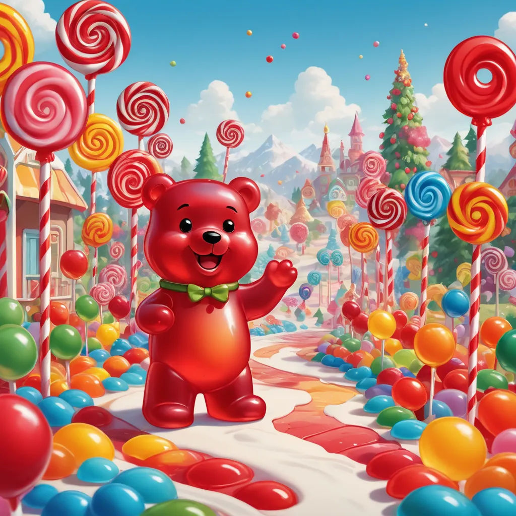 a cartoon bear is standing in a candy land with many lollipops and candy canes in the air, pop surrealism, a digital rendering, Chris LaBrooy, highly detailed digital painting