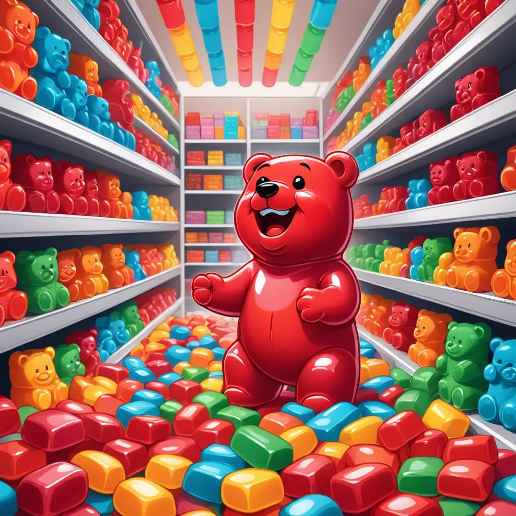 a red bear standing in a room filled with colorful cubes and a shelf full of bears in the background, pop surrealism, an ultrafine detailed painting, Chris LaBrooy, highly detailed digital art