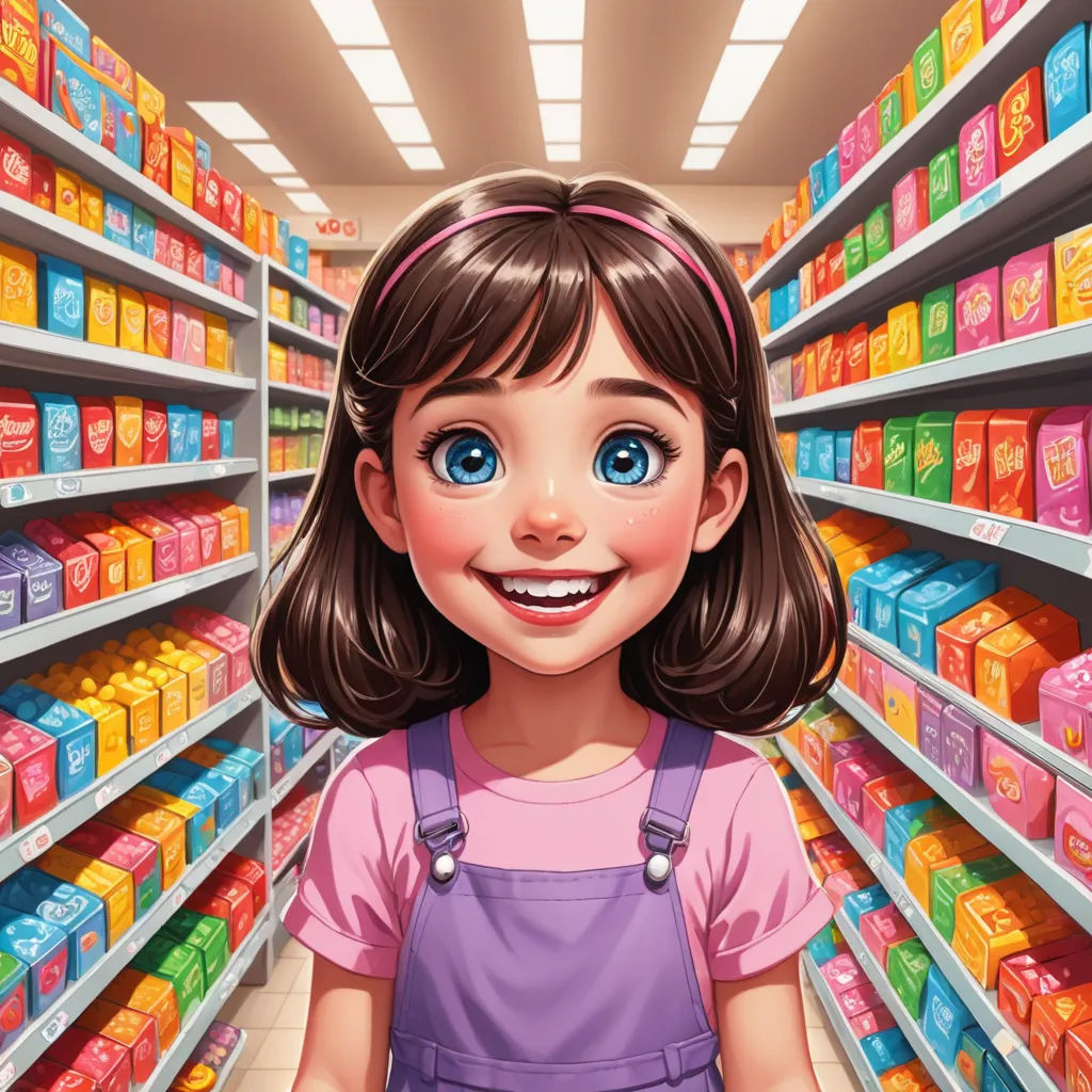 a cartoon girl standing in a store aisle with a shelf full of boxes and boxes of candy in the background, photorealism, a storybook illustration, Clarice Beckett, cgstudio