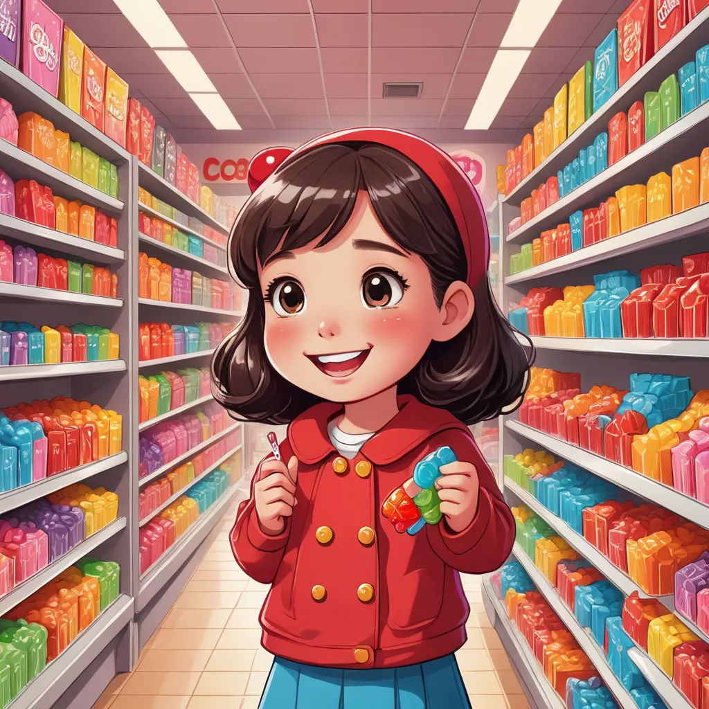 a cartoon girl in a store aisle holding a candy bar in her hand and smiling at the camera,, socialist realism, a storybook illustration, Dorothy Coke, official art