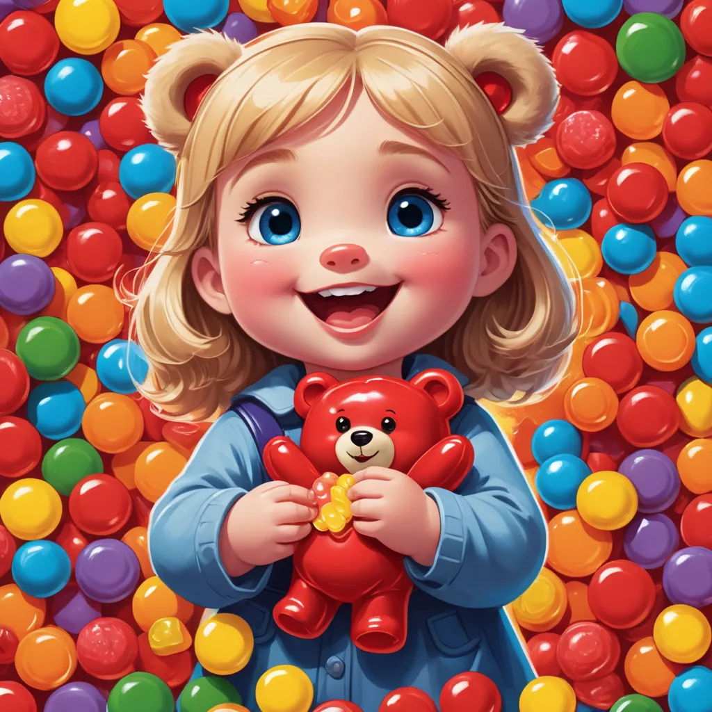 a little girl holding a teddy bear surrounded by balloons and balls in a room of red, yellow, blue, and green, pop surrealism, a character portrait, Chris LaBrooy, cgstudio