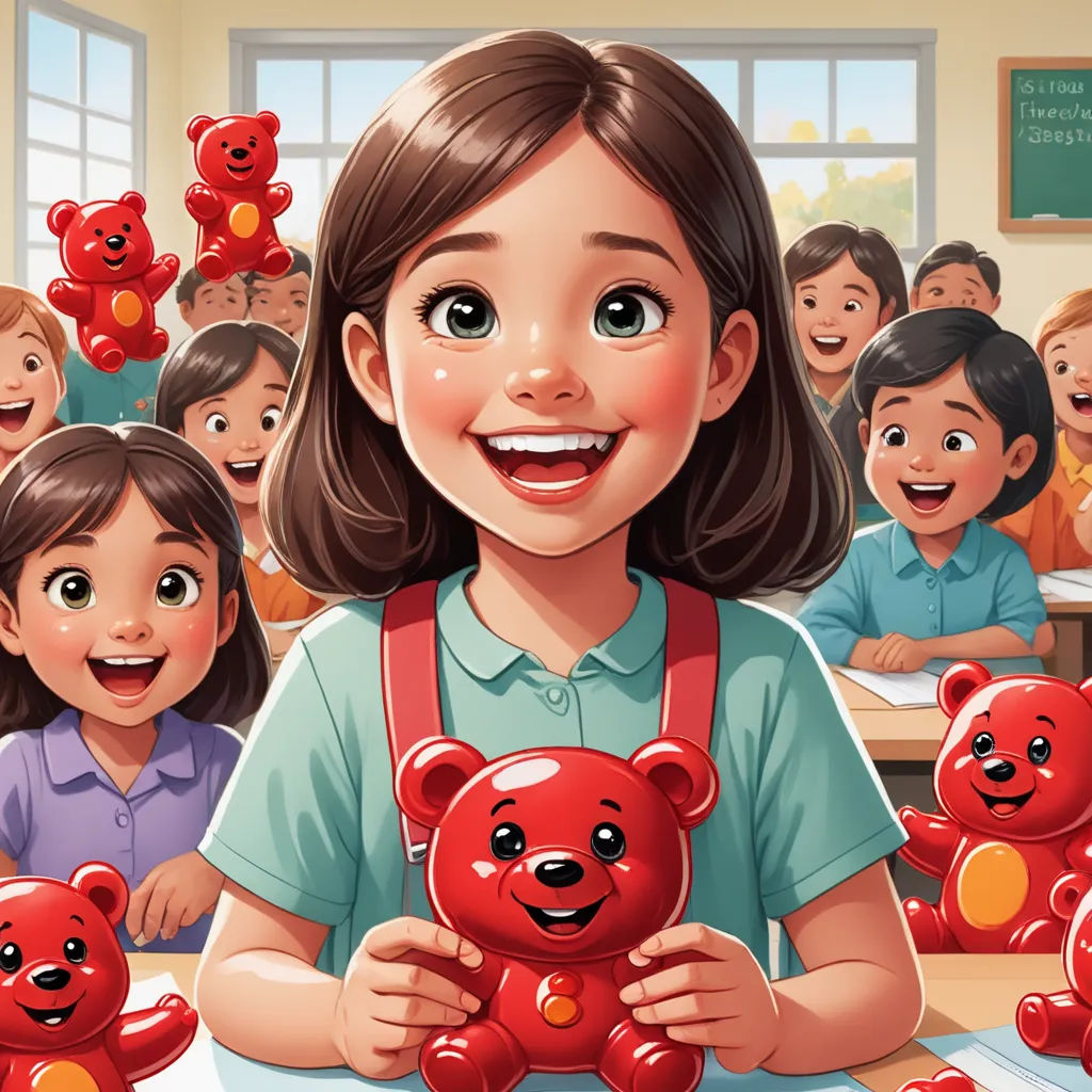 a girl holding a red teddy bear in front of a group of children in a classroom with teddy bears, socialist realism, a storybook illustration, Chris LaBrooy, promotional image