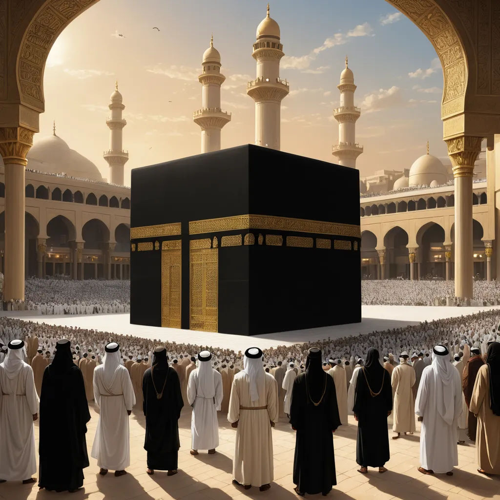 a group of people standing around a large black box in a courtyard with a sky background and a large group of white and black men standing around it, hurufiyya, a detailed matte painting, Altoon Sultan, very beautiful