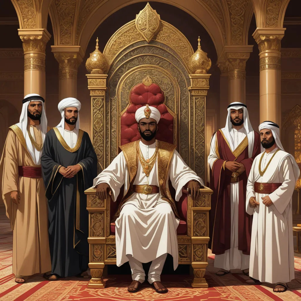 a group of men in traditional arabic garb standing in front of a throne with a throne in the background, unilalianism, a detailed drawing, Altoon Sultan, official art