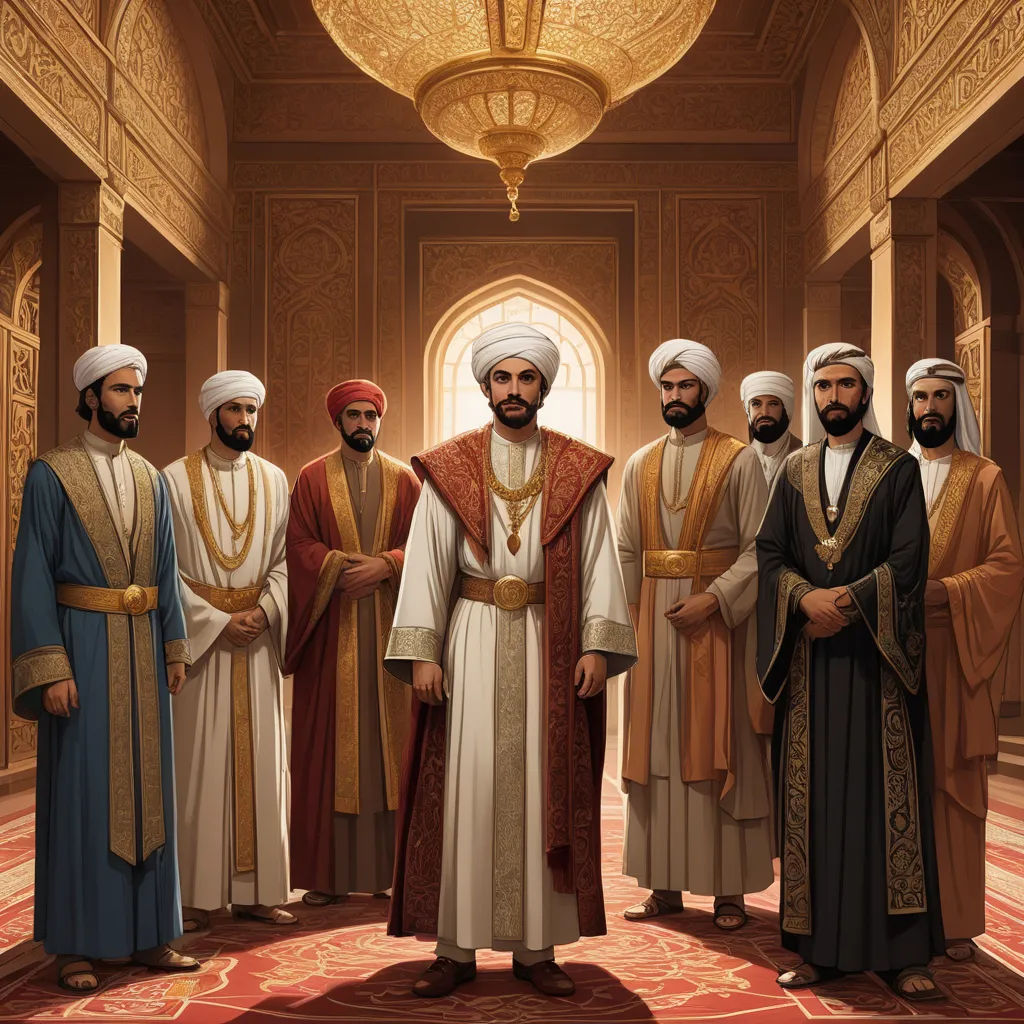 a group of men standing in a room together in front of a chandelier and a ceiling light, dau-al-set, a storybook illustration, Altoon Sultan, official art