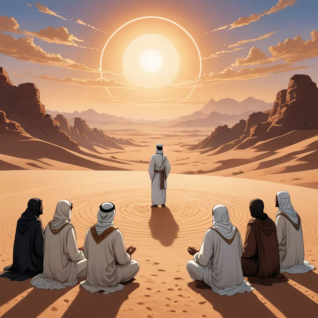 a group of people sitting on top of a desert under a sun filled sky with a sky background and a desert landscape, dau-al-set, a comic book panel, Christophe Vacher, comic cover art