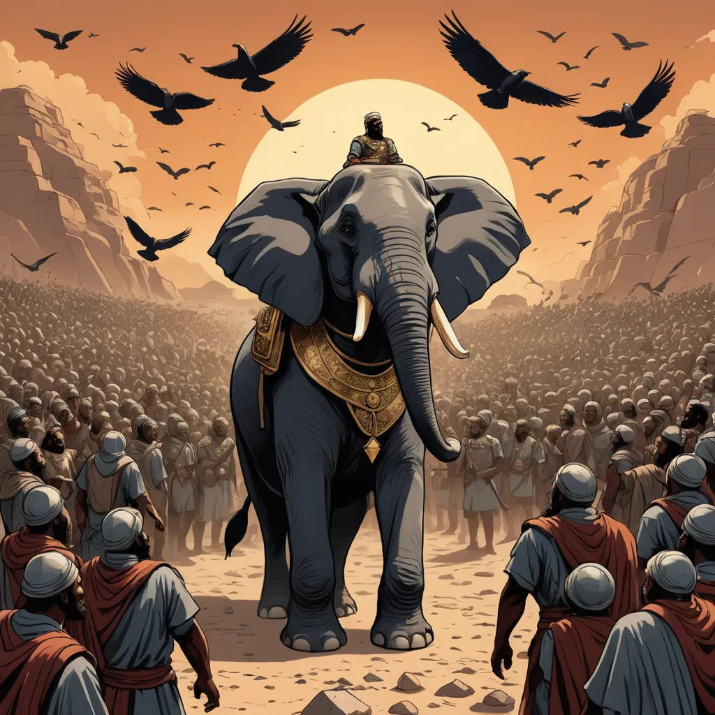 a painting of an elephant with a man on its back surrounded by a crowd of people and birds flying overhead, sumatraism, a comic book panel, Dan Mumford, highly detailed digital art