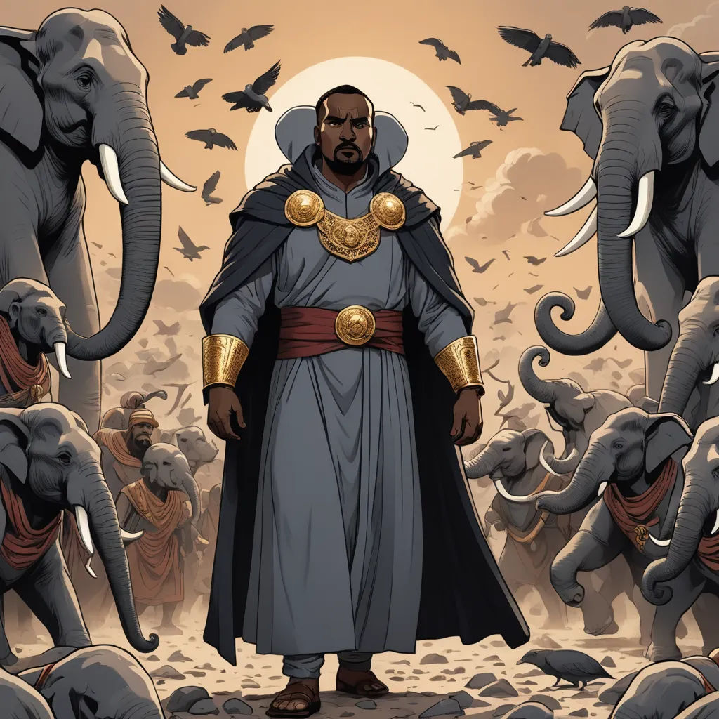 a man in a costume standing in front of elephants and birds in the sky with a full moon behind him, afrofuturism, a comic book panel, Altoon Sultan, comic cover art