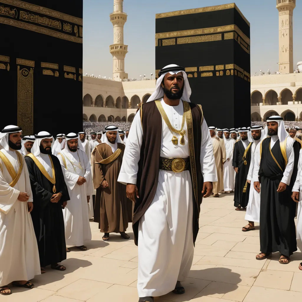 a man in a white and brown outfit walking in front of a group of men in black and white, hurufiyya, a detailed matte painting, Altoon Sultan, orientalism