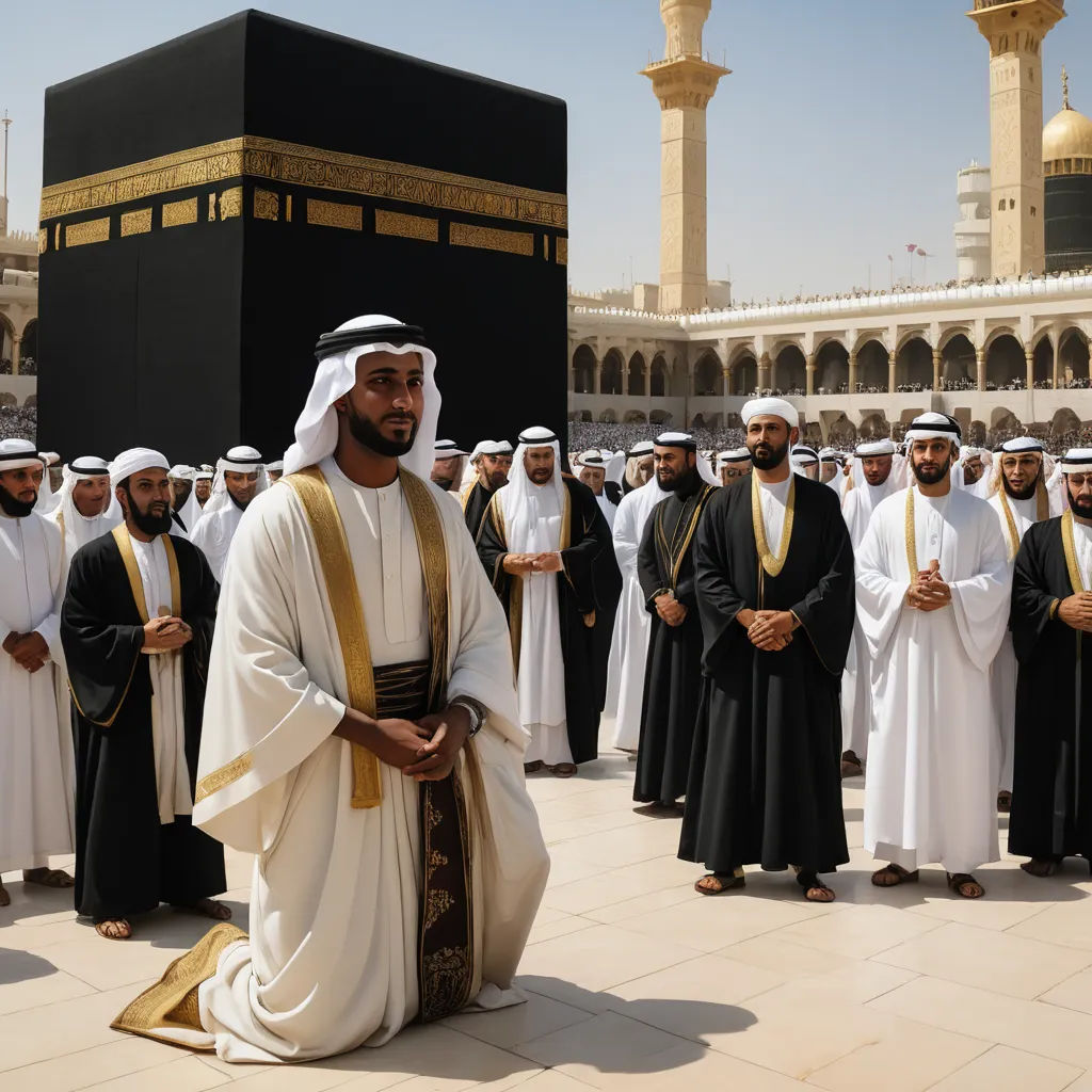 a group of men standing around a black and gold building with a large black cube in the background and a group of men in white and gold robes, hurufiyya, a statue, Altoon Sultan, ultra wide angle