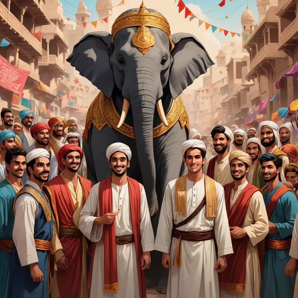 a painting of a group of men standing in front of an elephant with a turban on its head, samikshavad, a storybook illustration, Clint Cearley, official art