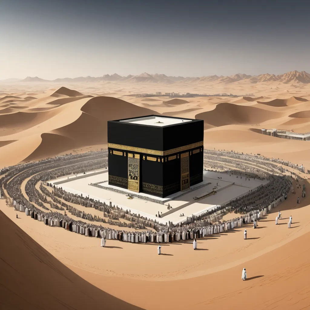 a large black building surrounded by a group of people in the desert with mountains in the background and a sky background, hurufiyya, a detailed matte painting, Aya Goda, 4k uhd image