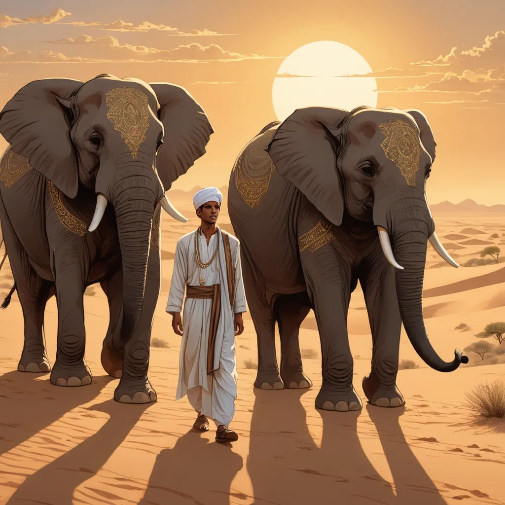 a man standing in front of two elephants in the desert at sunset or dawn with the sun setting behind him, sumatraism, a detailed matte painting, Chris LaBrooy, highly detailed digital painting
