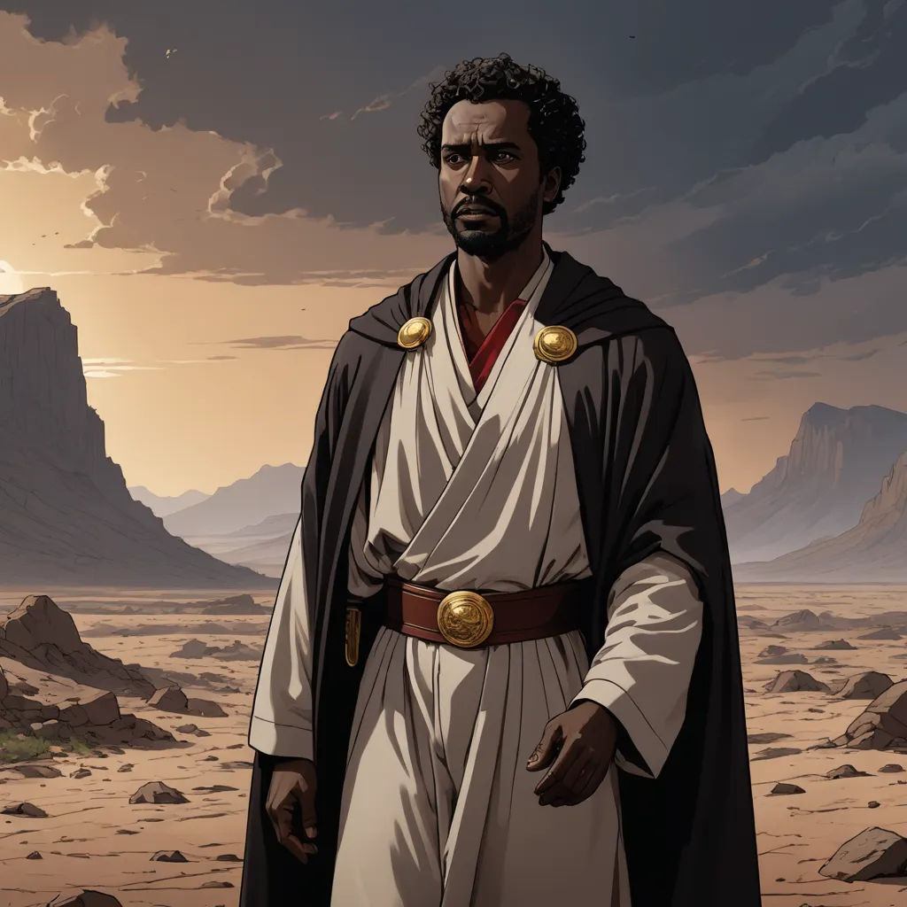 a man in a white robe standing in a desert area with mountains in the background and a sky with clouds, afrofuturism, a comic book panel, Asaf Hanuka, graphic novel