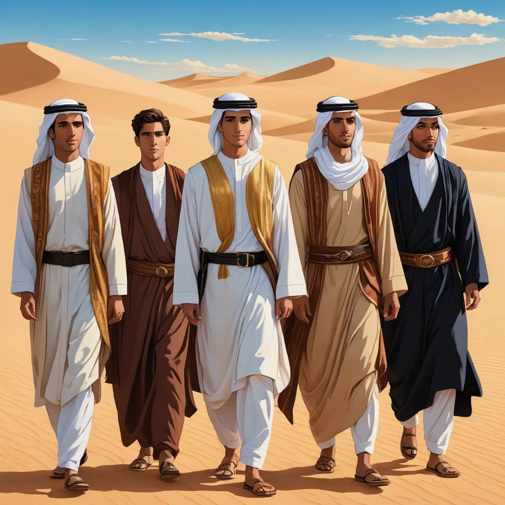 a group of men in desert attire walking across a desert landscape with sand dunes in the background and a blue sky, hurufiyya, an album cover, Altoon Sultan, official art